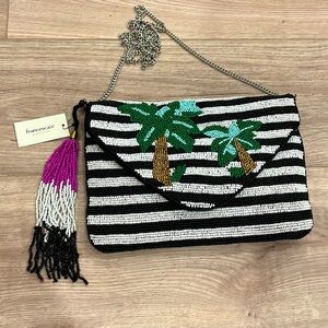 Francesca's White & Black Striped Palm Tree Beaded Clutch / Chain Crossbody Bag